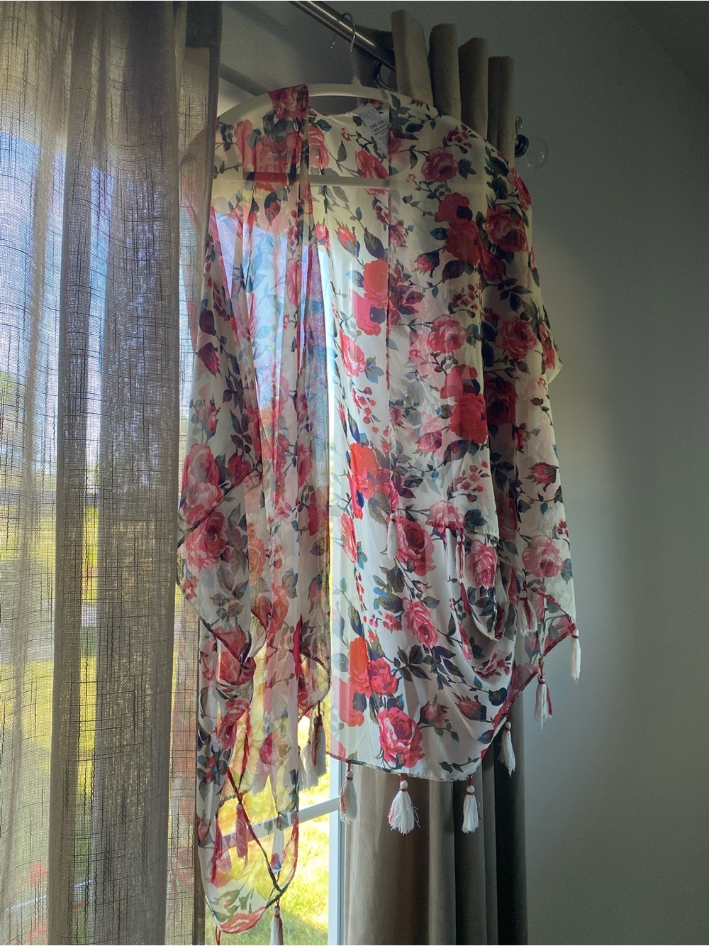 Time and Tru White Maxi with Pink Floral Print and Tassel Trim